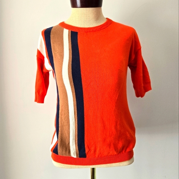 UNITED COLORS OF BENETTON Cotton Striped Orange Shot Sleeve Sweater. Size small - Picture 1 of 10